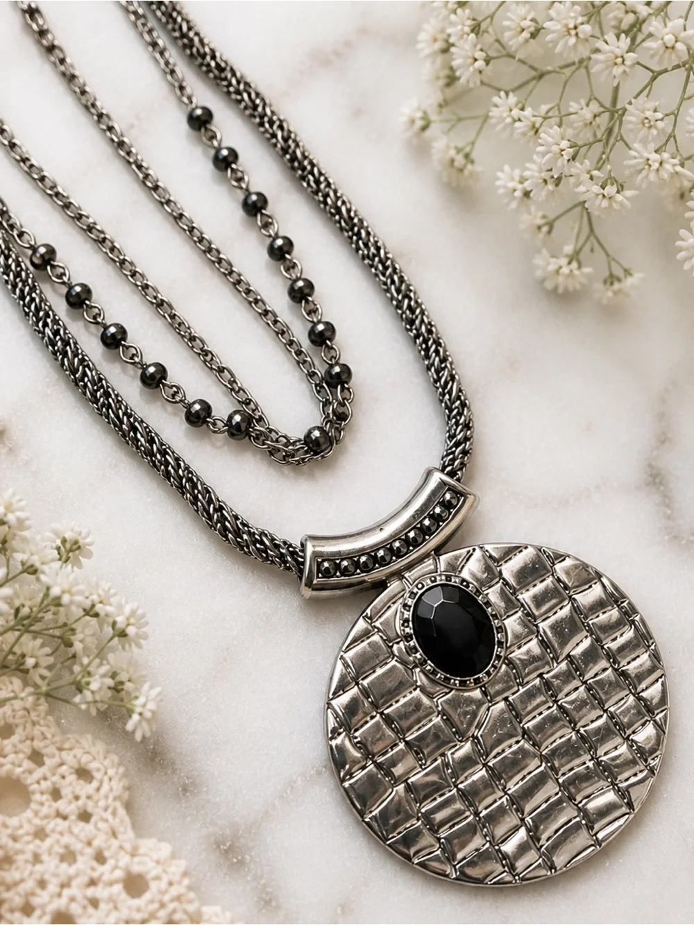 New York & Company Gunmetal Multi-Strand Necklace with Black Stone Pendant